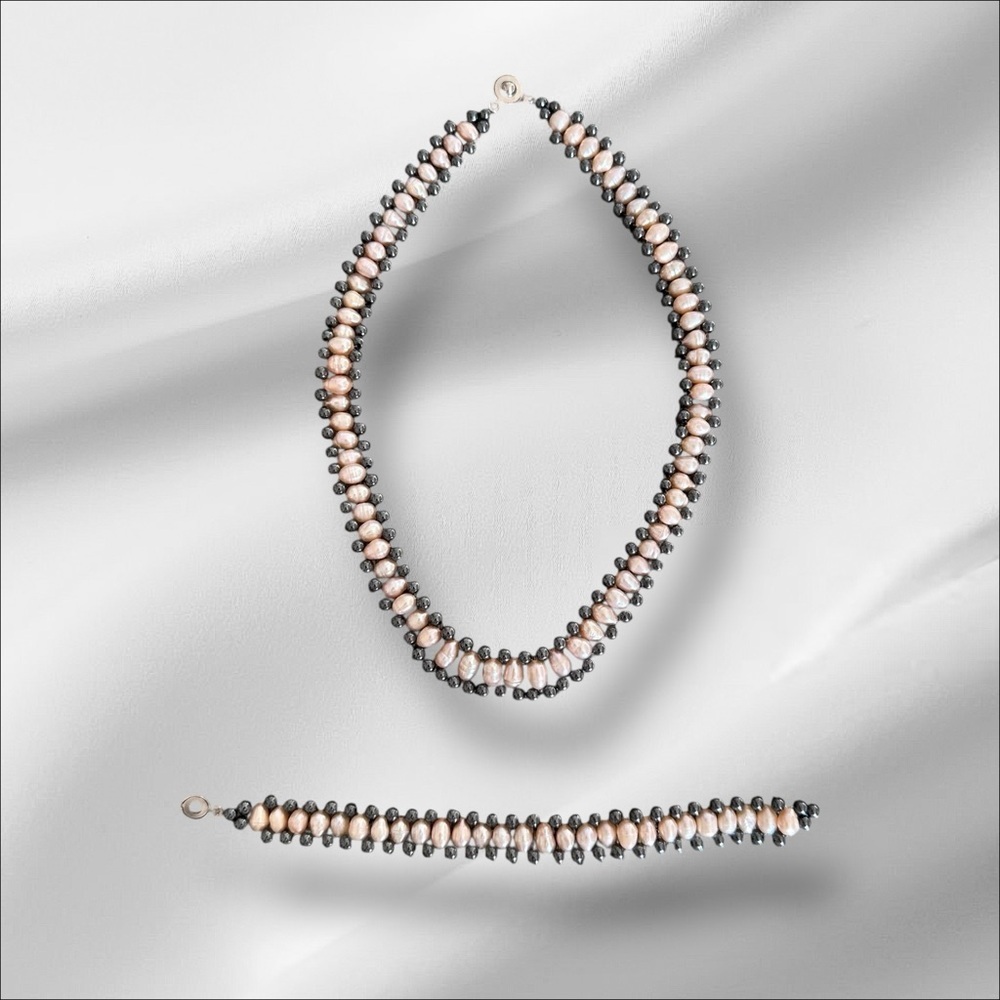 Teng Yue Freshwater Pearl Necklace & Bracelet Set Pink Gray Beaded